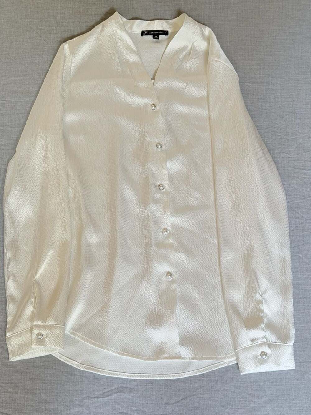 Adrianna Papell Ivory Satin Long Sleeve Button-Up Blouse - Picture 1 of 5